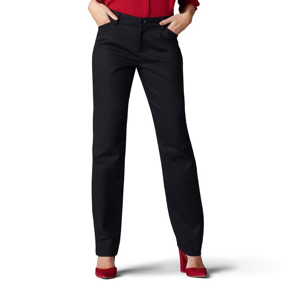 Lee Womens Wrinkle Free Relaxed Fit Straight Leg Pant Size 8 Long Black NWT